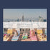 A puzzle in a box with a photograph of New York City with different breeds of dogs wearing sunglasses and sitting on a rooftop on sun chairs.