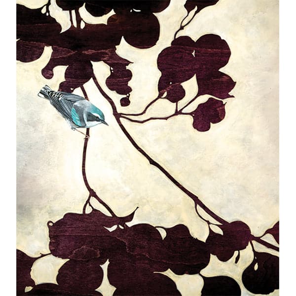 Original painting of silhouetted dark wine and fuschia ombre colored branches with leaves, with small realistic grey and blue bird sitting on the branch.