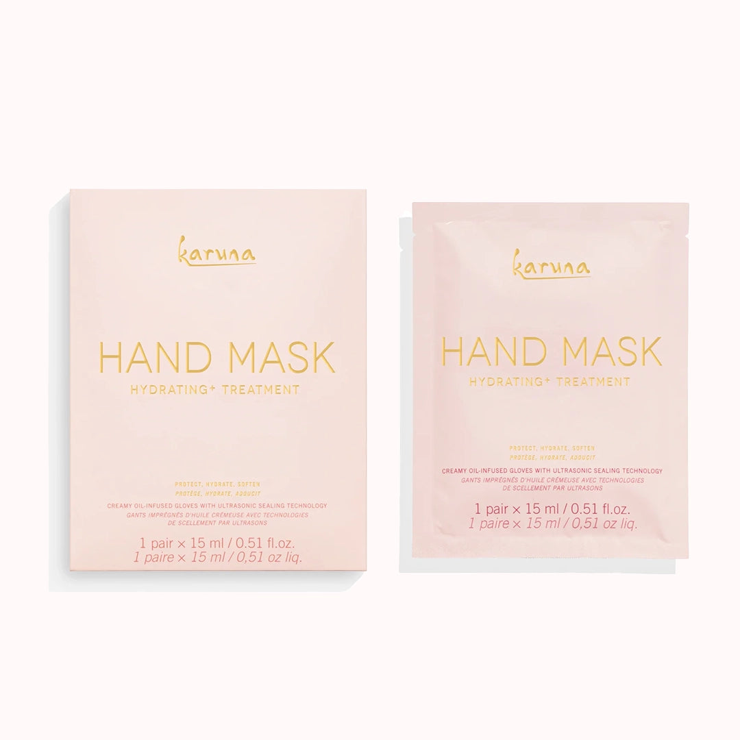 A pink packet that holds a pair of hand sheet masks infused with a hydrating serum.