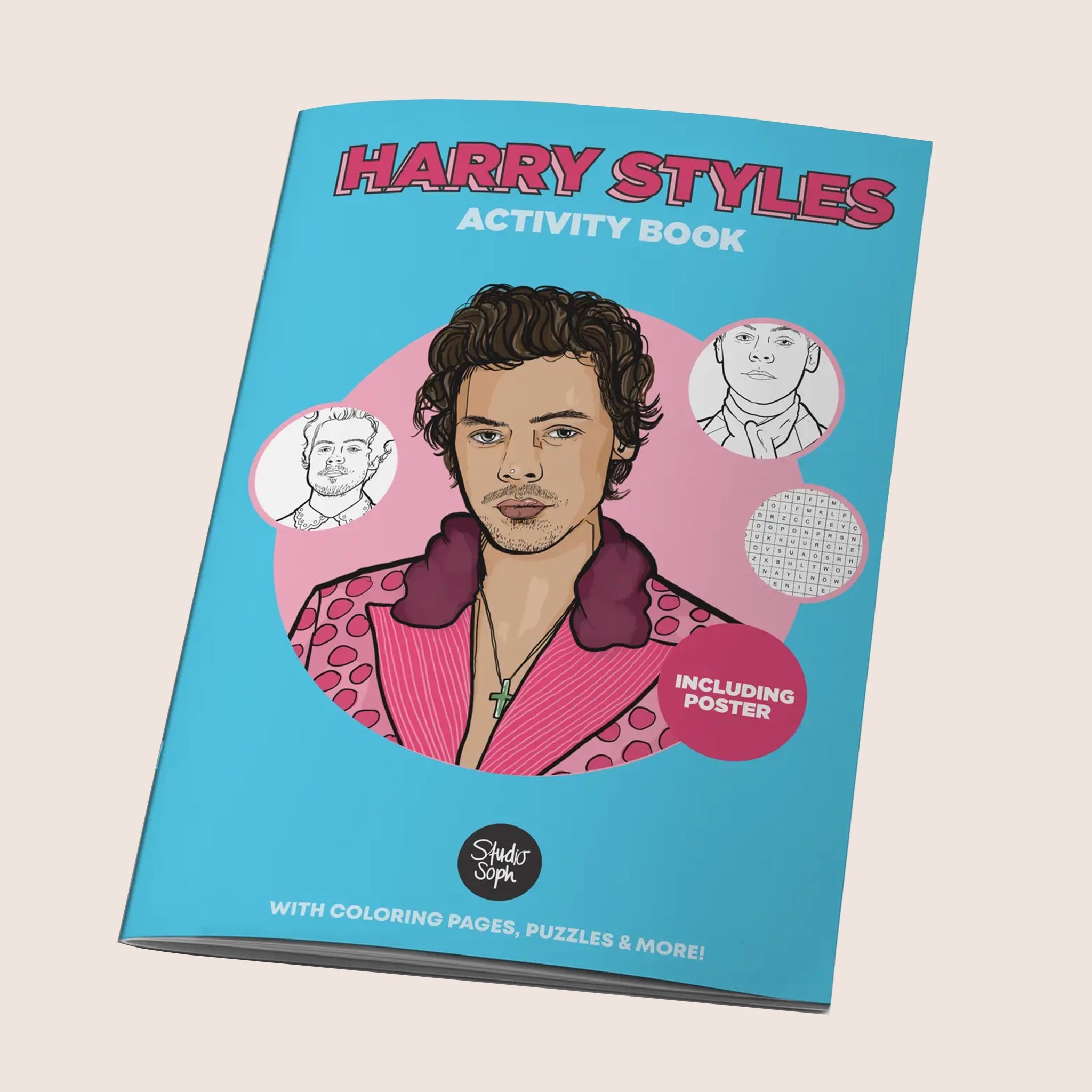 A blue coloring book with a graphic of Harry Styles in a pink polka dot suit along with pink text on the top that reads, "Harry Styles Activity Book".