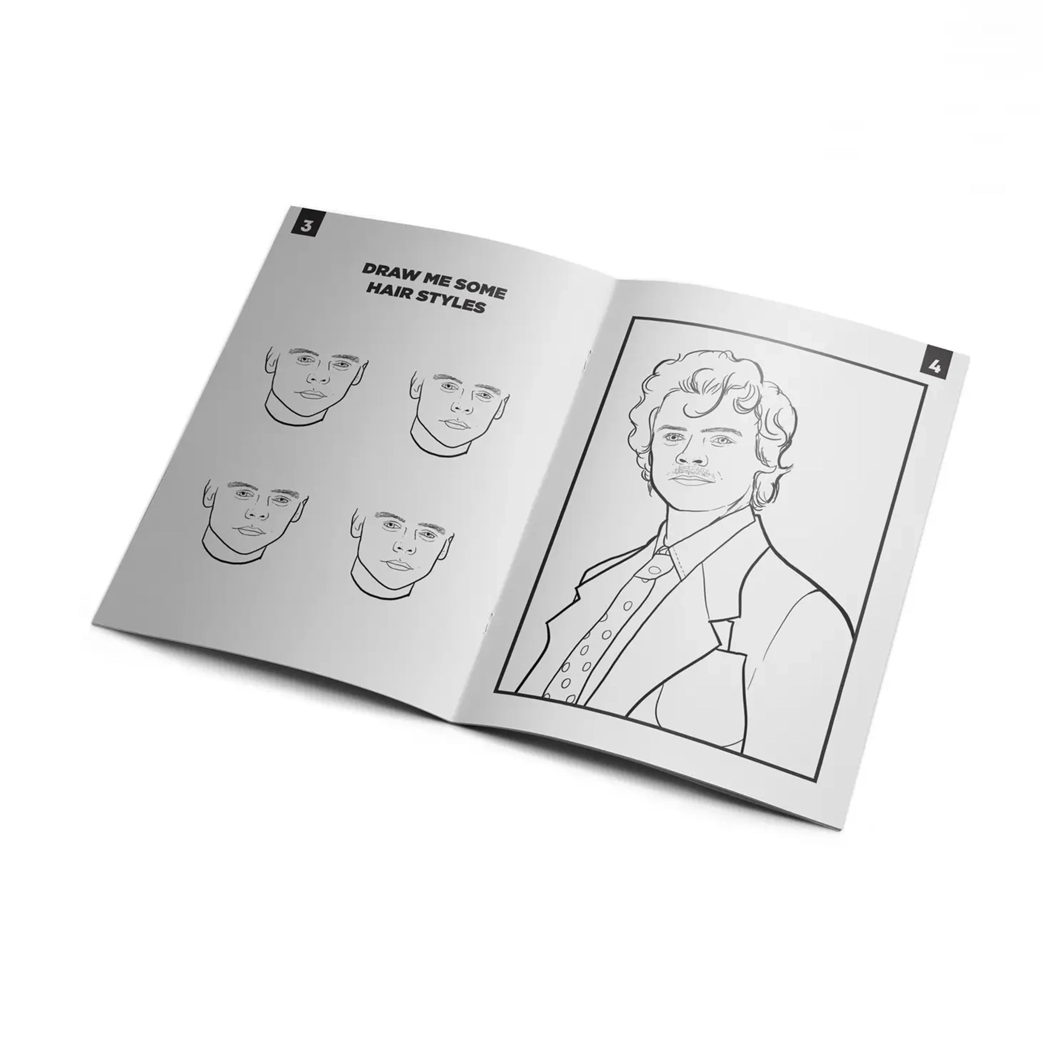 Another page inside the book that has an illustration of Harry Styles meant for coloring as well as an activity on the other side that says, "Draw me some harry styles" along with blank faces meant for drawing in facial hair, head hair, etc. 