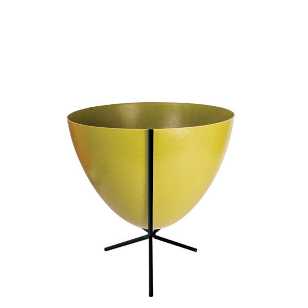 In front of white background is an olive green planter in a short black metal stand. The bullet planter is wide at the top and narrow at the bottom. The metal stand has three legs. 