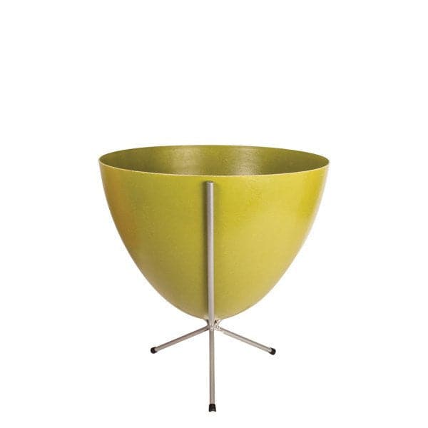 In front of white background is an olive green planter in a short silver metal stand. The bullet planter is wide at the top and narrow at the bottom. The metal stand has three legs. 