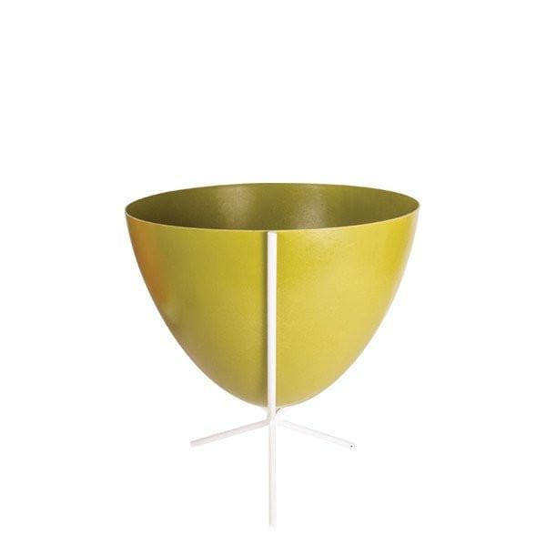 In front of white background is an olive green planter in a short white metal stand. The bullet planter is wide at the top and narrow at the bottom. The metal stand has three legs. 