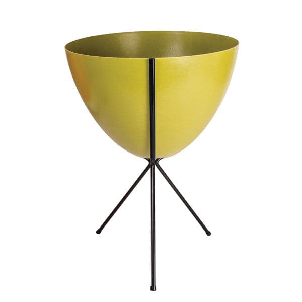 In front of white background is an olive green planter in a black metal stand. The bullet planter is wide at the top and narrow at the bottom. The metal stand has three legs. 