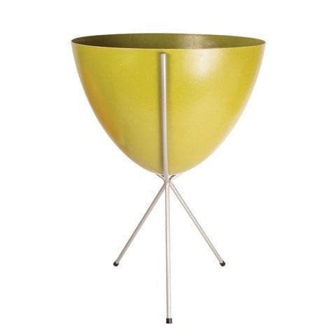 In front of white background is an olive green planter in a silver metal stand. The bullet planter is wide at the top and narrow at the bottom. The metal stand has three legs.