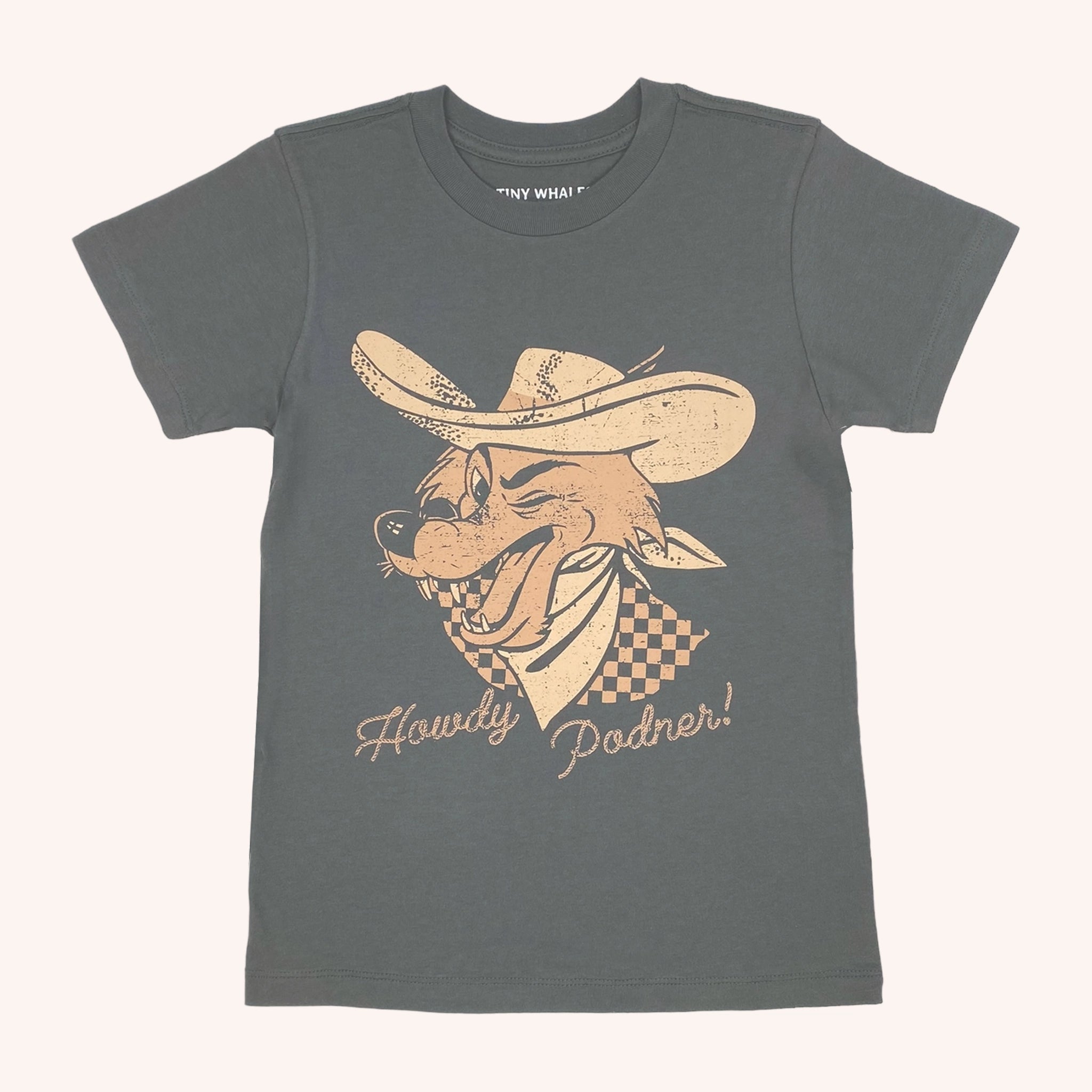 A faded black t-shirt with a coyote graphic on the front wearing a cowboy hat and says, &quot;Howdy Cowboy&quot; in cursive text underneath the graphic.
