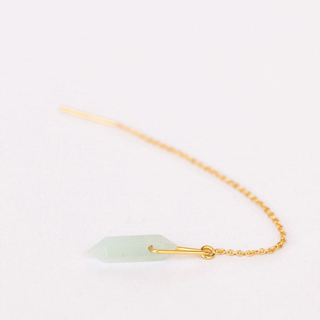 Single gold plated hanging, chain earring laid against white background. Earring has a soft blue amazonite stone positioned between a gold loop.