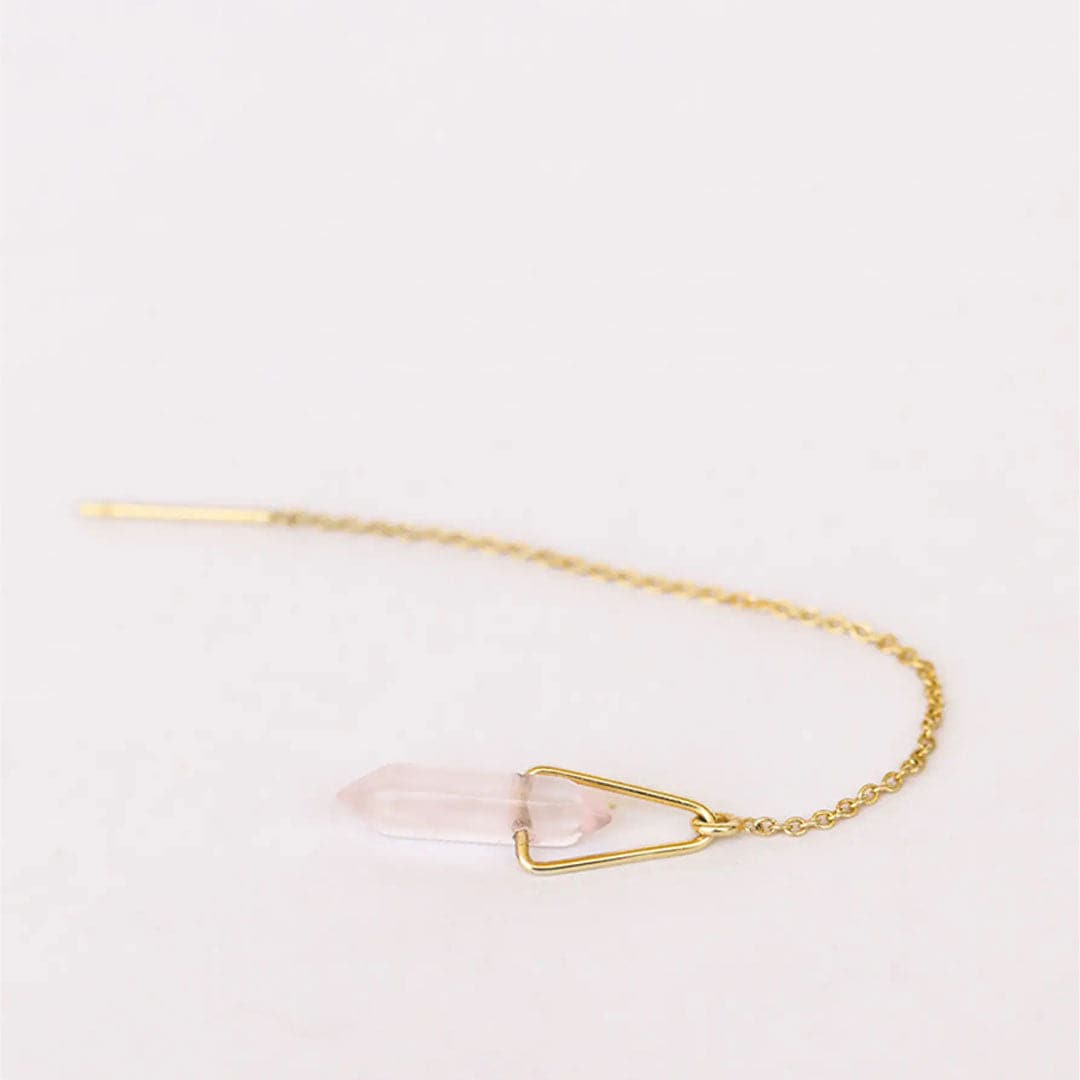 Image of single gold plated chain earring complete with a rose quartz stone positioned within a gold loop. 