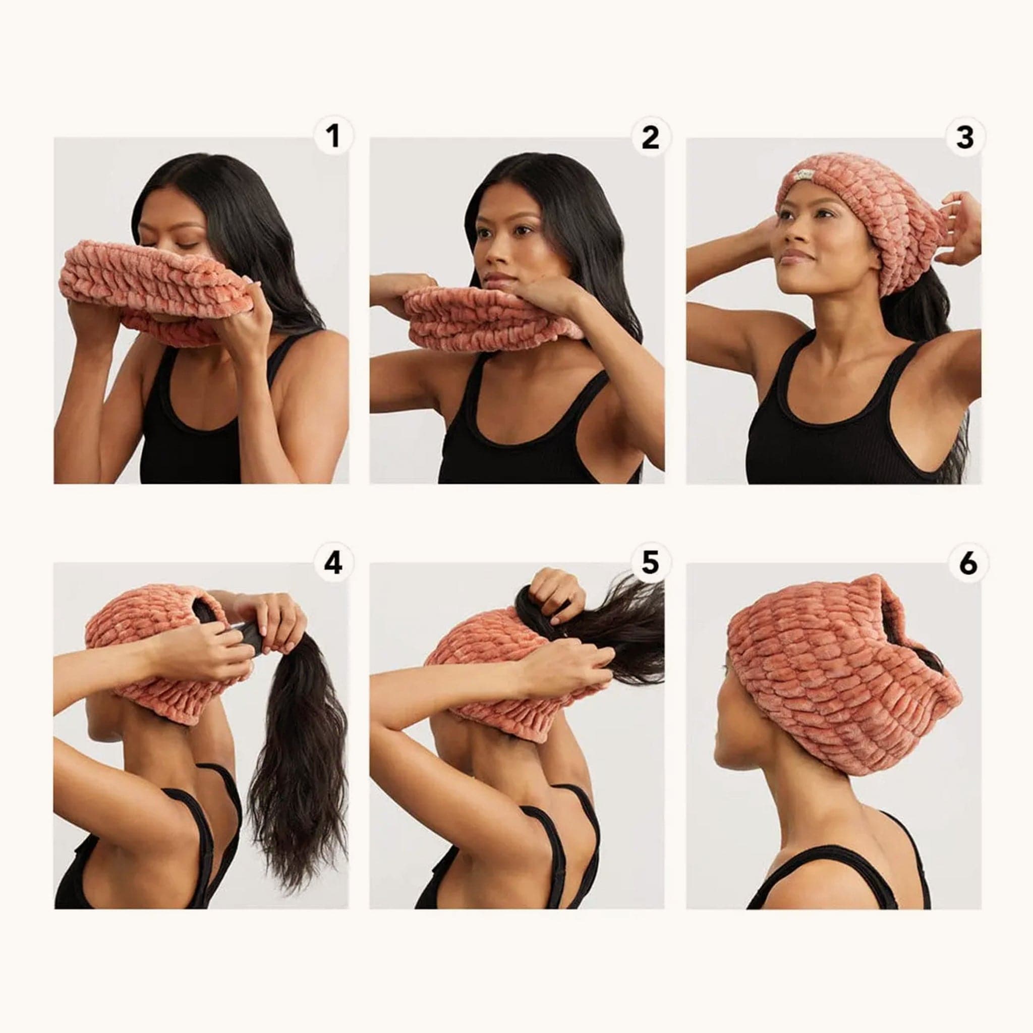 Six steps to pulling back hair in the headband. The first step starts with pulling the headband apart. The second is to pull over your head. The third is to pull over your face, pulling back all hair in the headband. The fourth step is to fashion the hair into a ponytail. The fifth is to tuck into the headband. The sixth and final step is to position the headband so it is comfortable. 