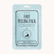 A light blue packet filled with a foot peeling mask that reads, "Foot Peeling Pack" in black letters. 