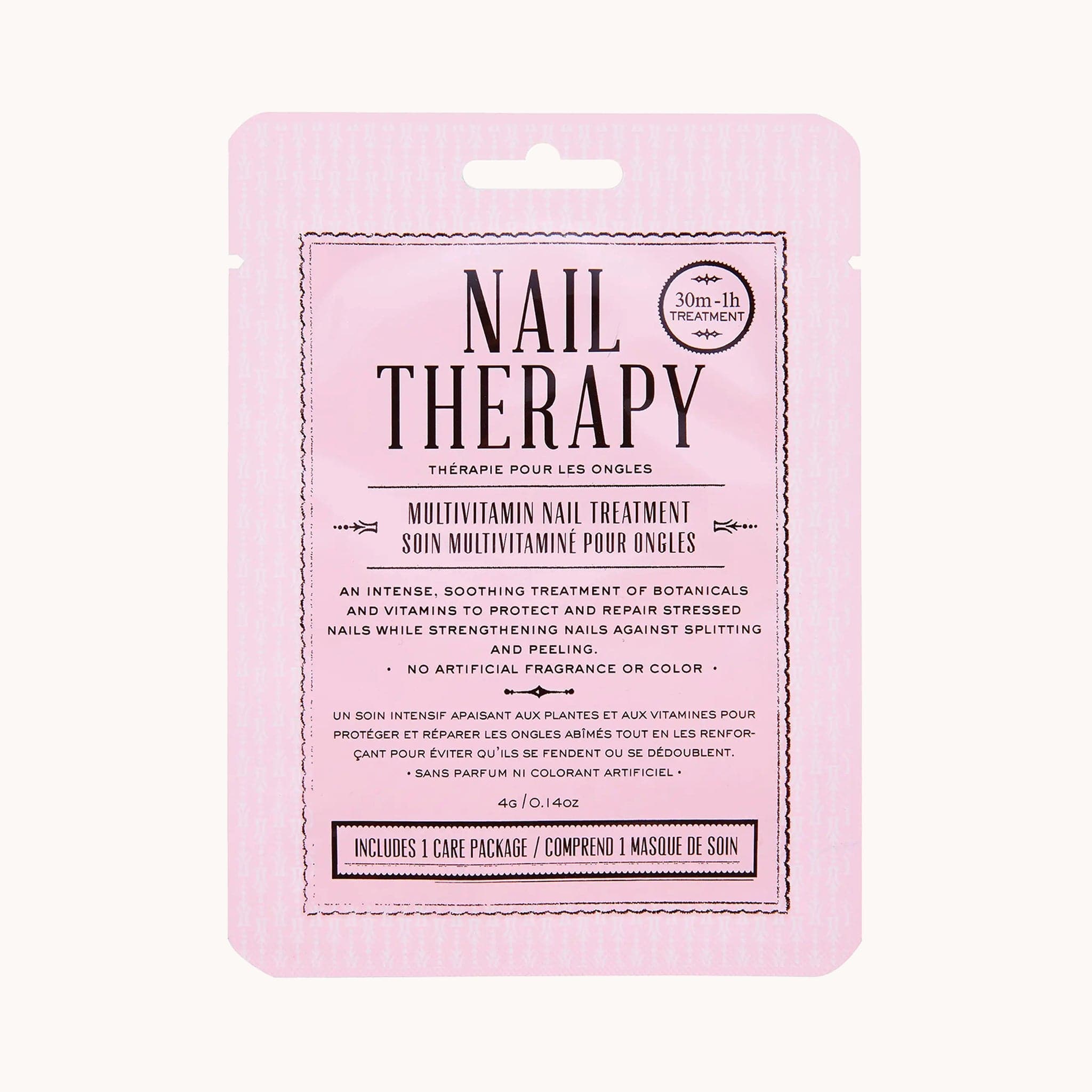 On a white background is a pink packet of nail treatment with black text on the front that reads, "Nail Therapy Multivitamin Nail Treatment". 