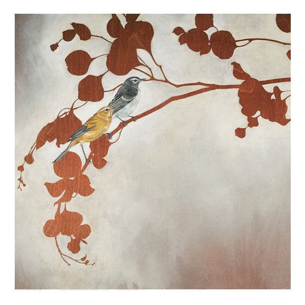Detailed view of original painting with silhouetted brick red and burgundy ombre branches and leaves, with two realistic birds sitting on the branch, one yellow and one grey, on a grey wash backdrop.