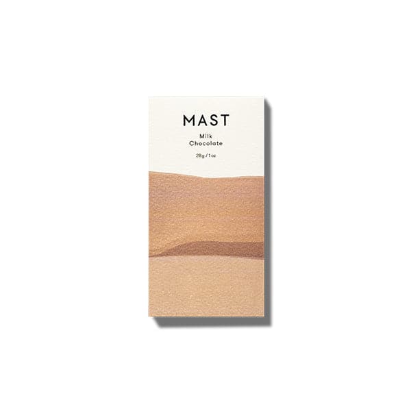 A rectangular bar of chocolate that read, &quot;Mast Milk Chocolate&quot; at the top in black letters along with a two toned wrapper that is brown and white.