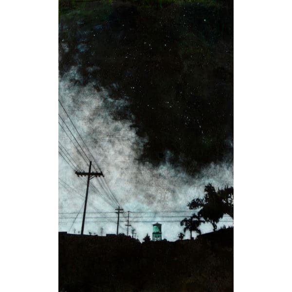 Original painting of a cloudy night sky and silhouetted black cityscape with telephone poles, palm trees, and blue water tower in the background.
