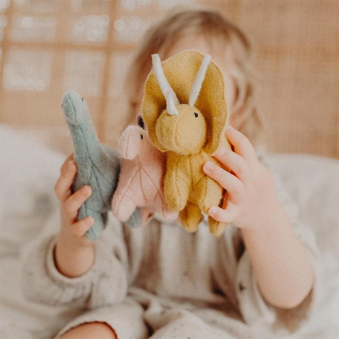 Photo of a young child holding 3 stuffed felt dinosaurs in between her hands. Left to right, aqua brontosaurus, pink stegosaurus, yellow  triceratops. The child is blurred into a neutral background. 