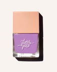 A bright purple satin nail polish in a glass bottle with a peachy square lid.