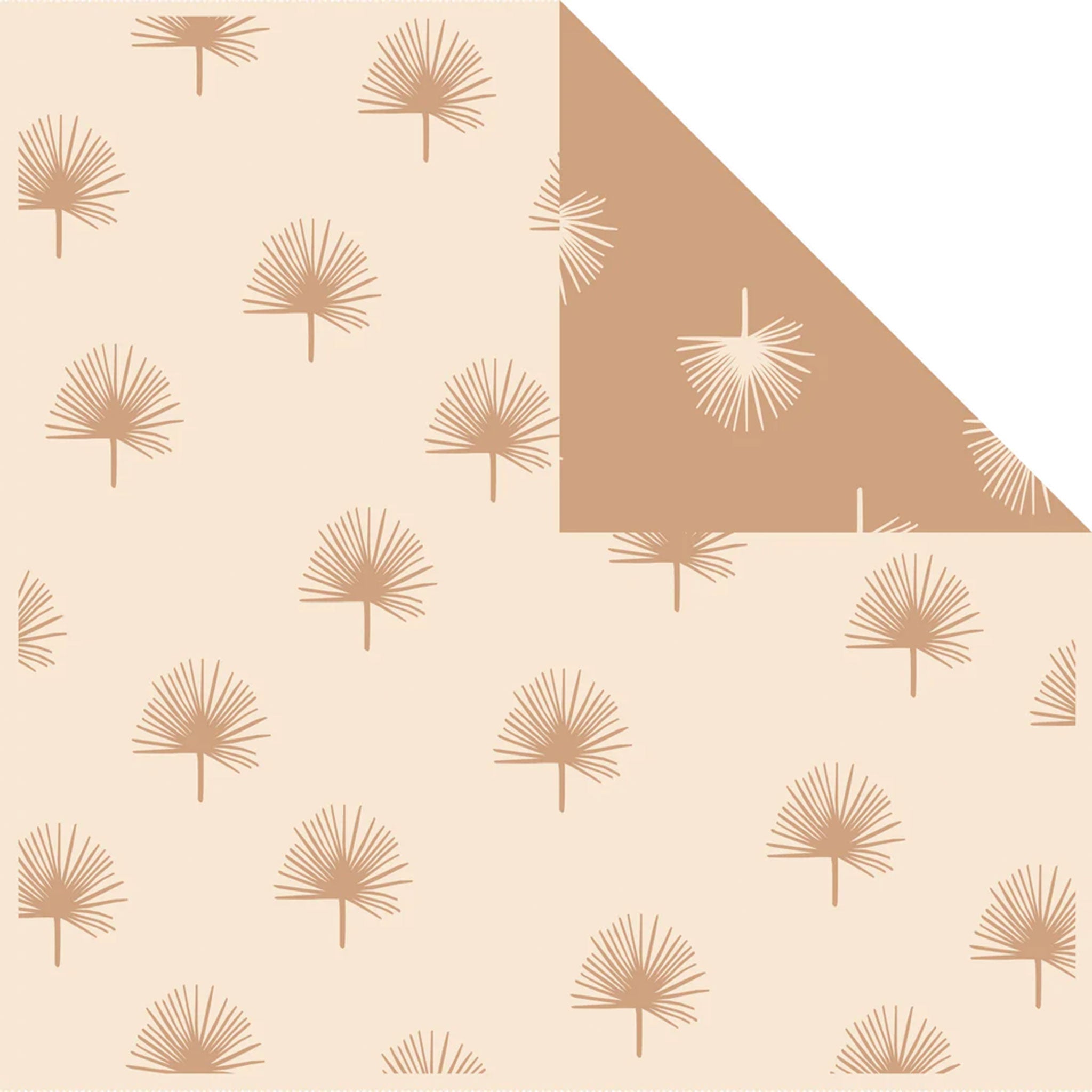 A neutral reversible cotton blanket with a beige side and a darker biscuit shade on the other. There is a repeating fan palm design.