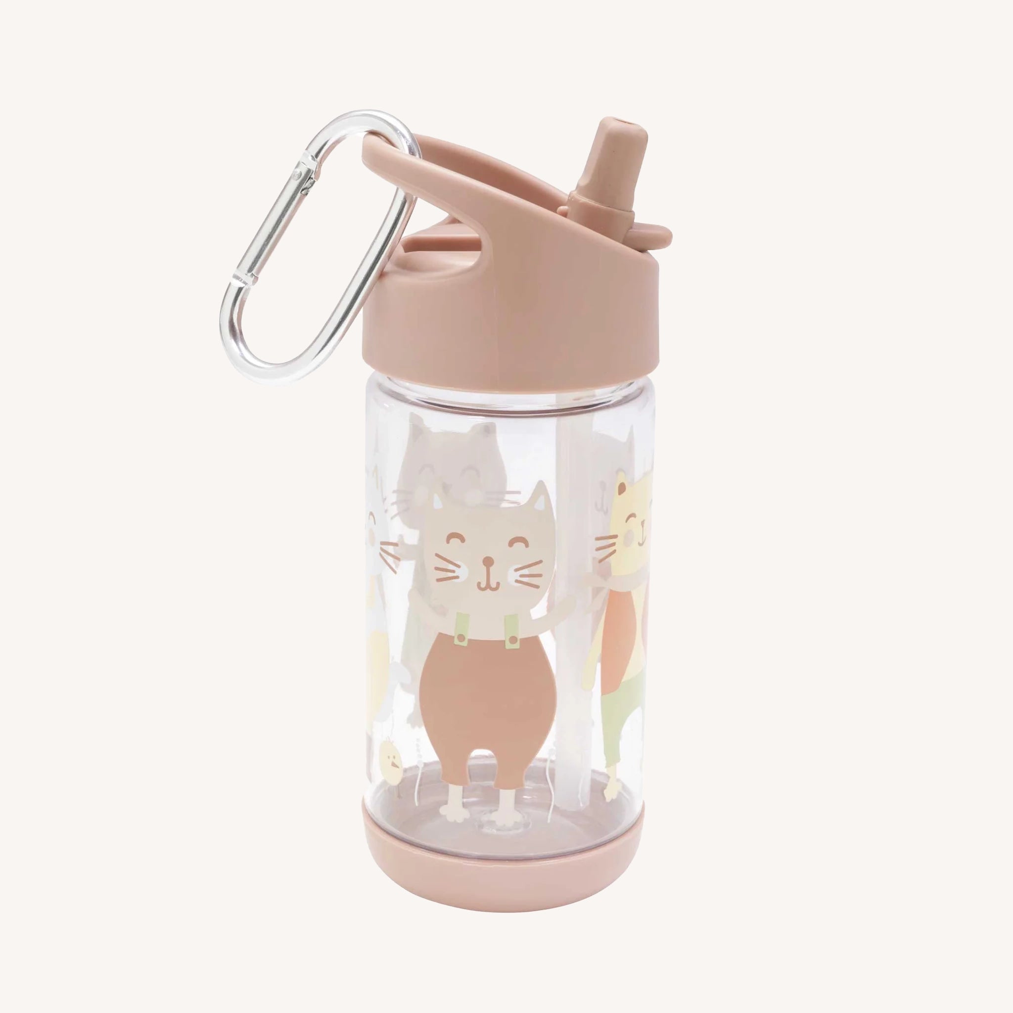 On a white background is a light pink and clear sippy cup with a metal ring loop and kitten designs all around the clear part of the sippy cup.