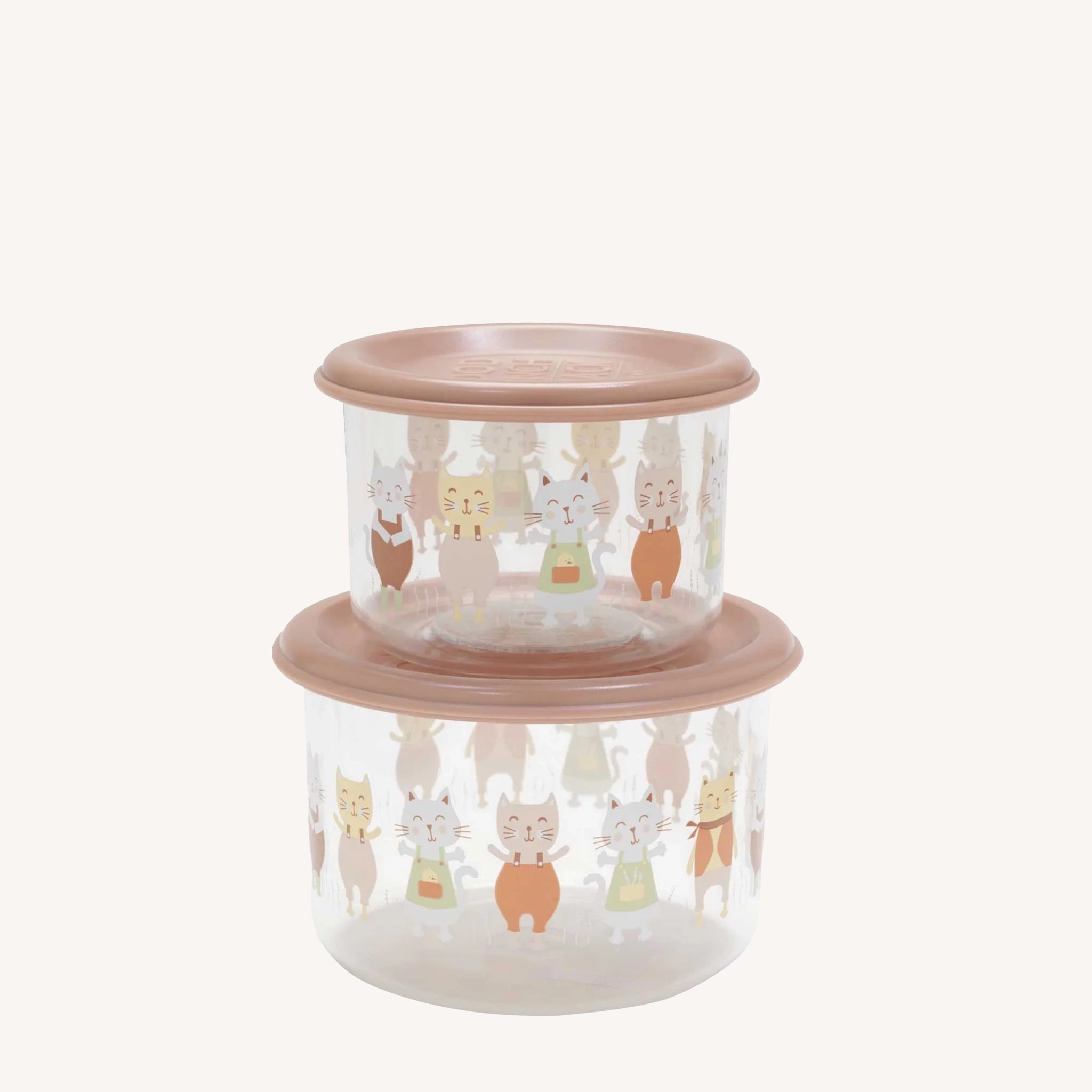 On a white background is a set of containers with cats illustrations wrapped around the middle of the containers. 