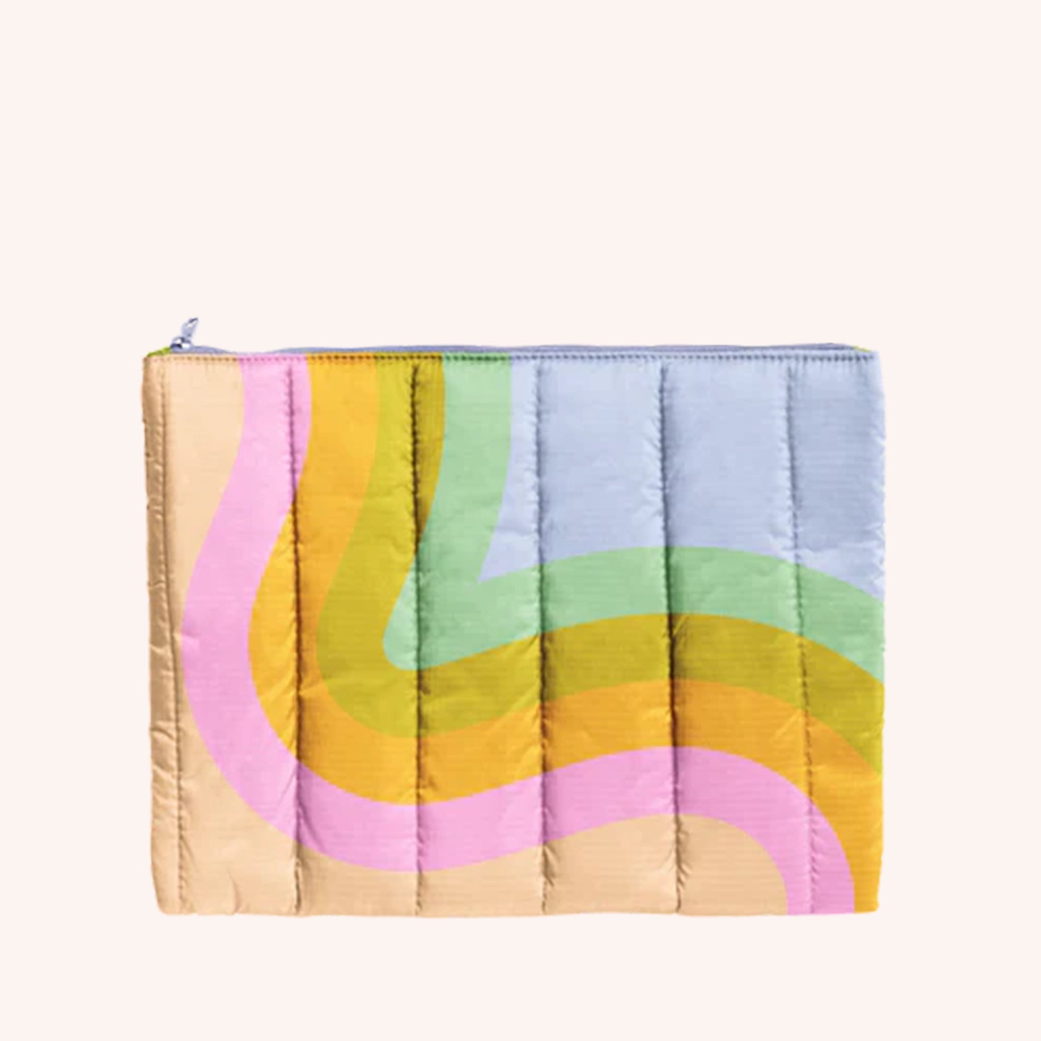 A puffy multicolored pouch with vertical detailing and a rainbow wavy design as well as a zipper closure.