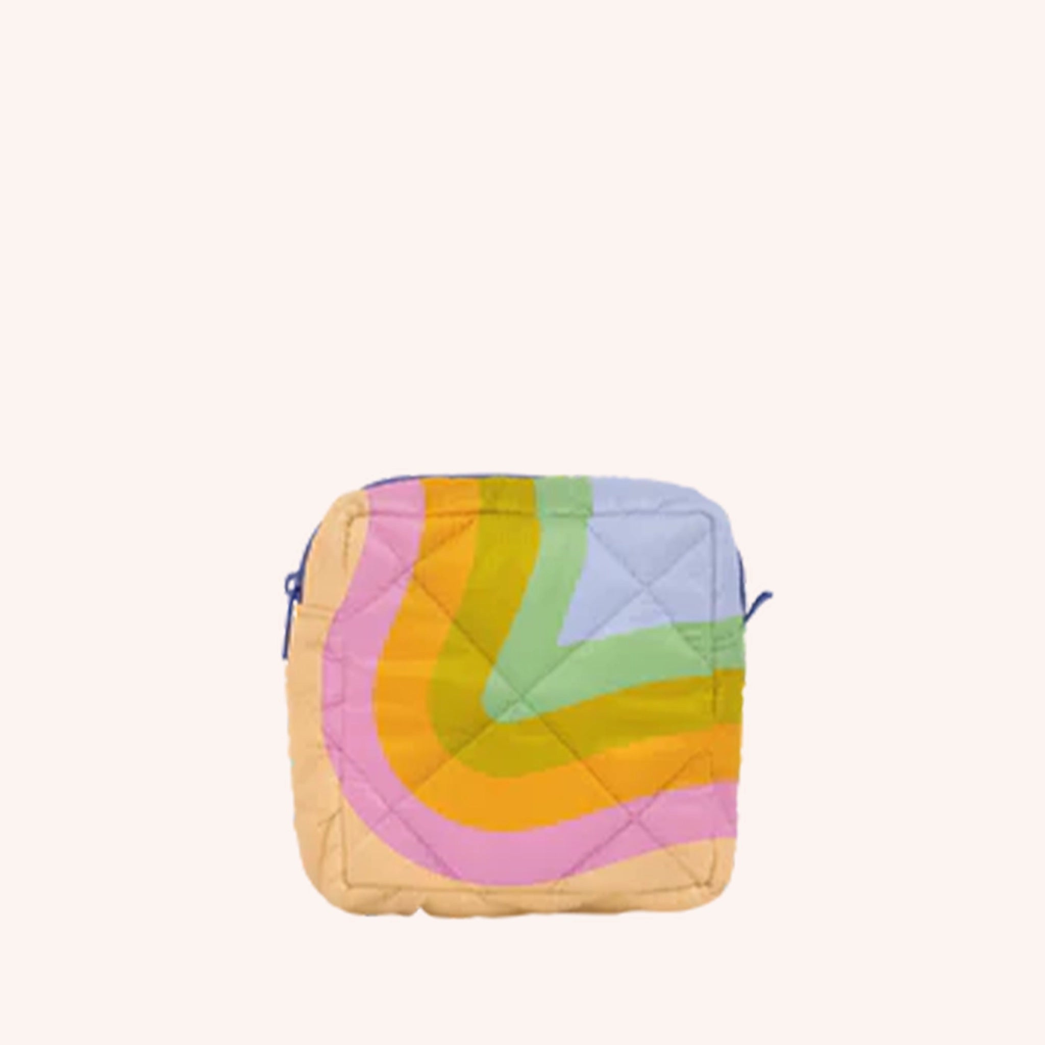 A small square pouch made with a puffy quilted material with a rainbow wavy design. It features a zipper closure.