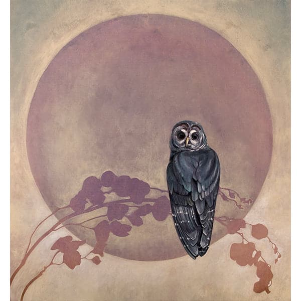 Original painting of a silhouetted branch and leaves in light purple and pale peach colors, with realistic grey owl sits on the branch, large pale purple wash moon takes up most of the backdrop.