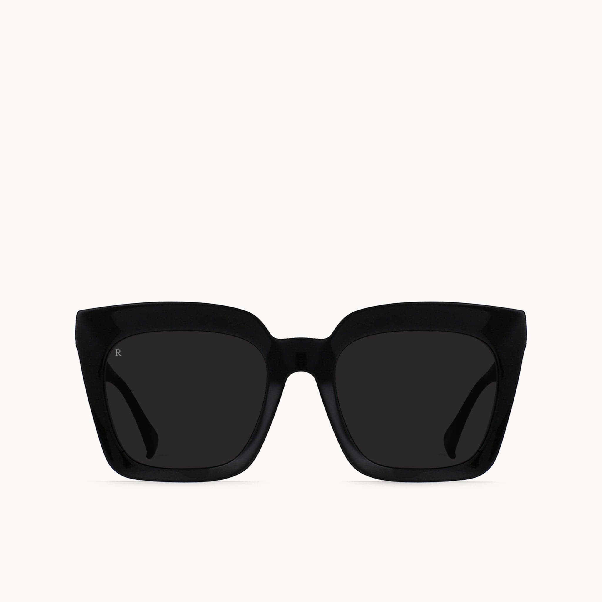 Sedona framed sunglasses with glossy black arms and frames made of high quality acetate. These glasses have a distinct, oversized look from their thick frames and round, squared and dark lenses.