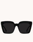 Sedona framed sunglasses with glossy black arms and frames made of high quality acetate. These glasses have a distinct, oversized look from their thick frames and round, squared and dark lenses.