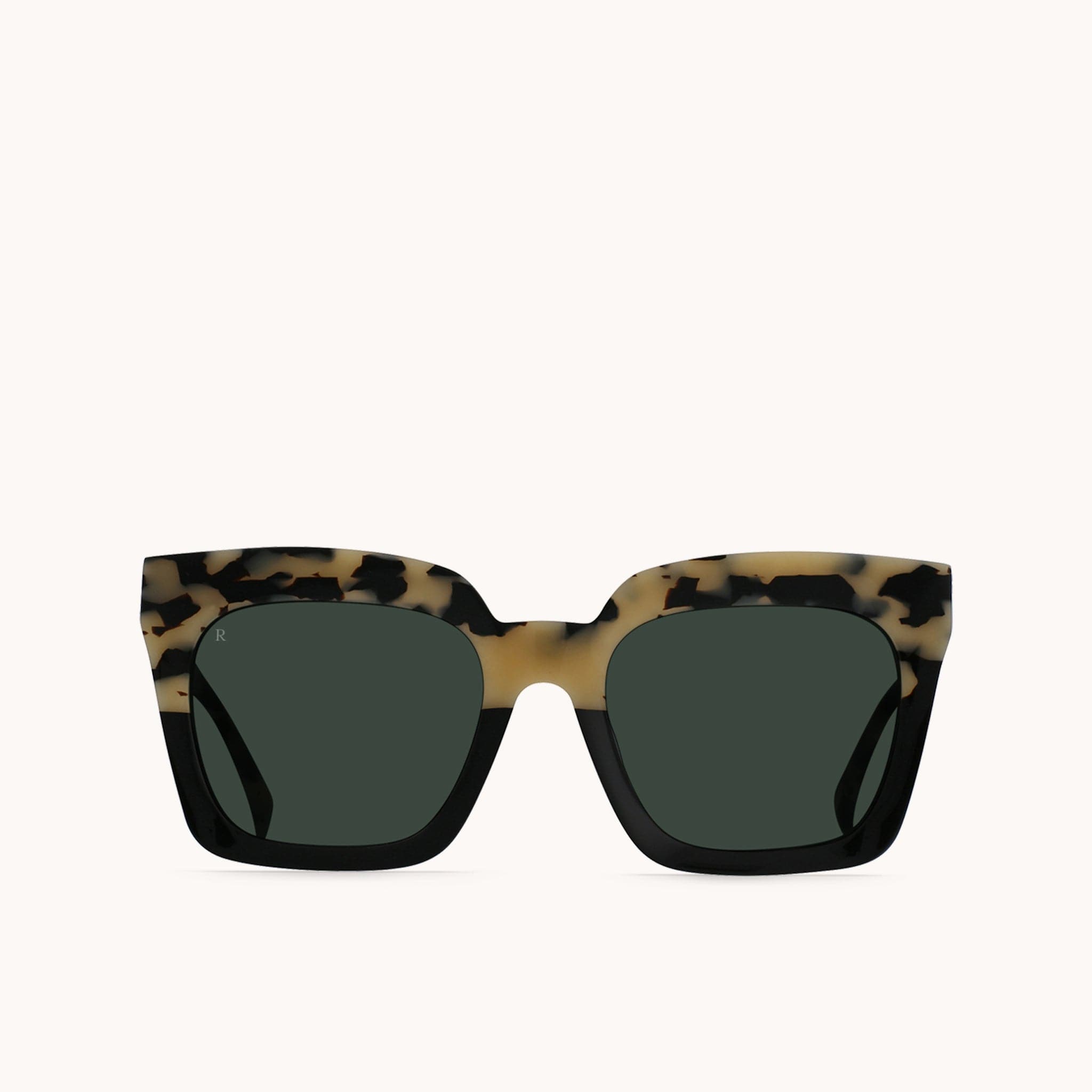 Sedona framed sunglasses with two-toned tortoise and solid black frames made of high quality acetate. These glasses have a distinct, oversized look from their thick frames and round, squared and dark smoke toned lenses.