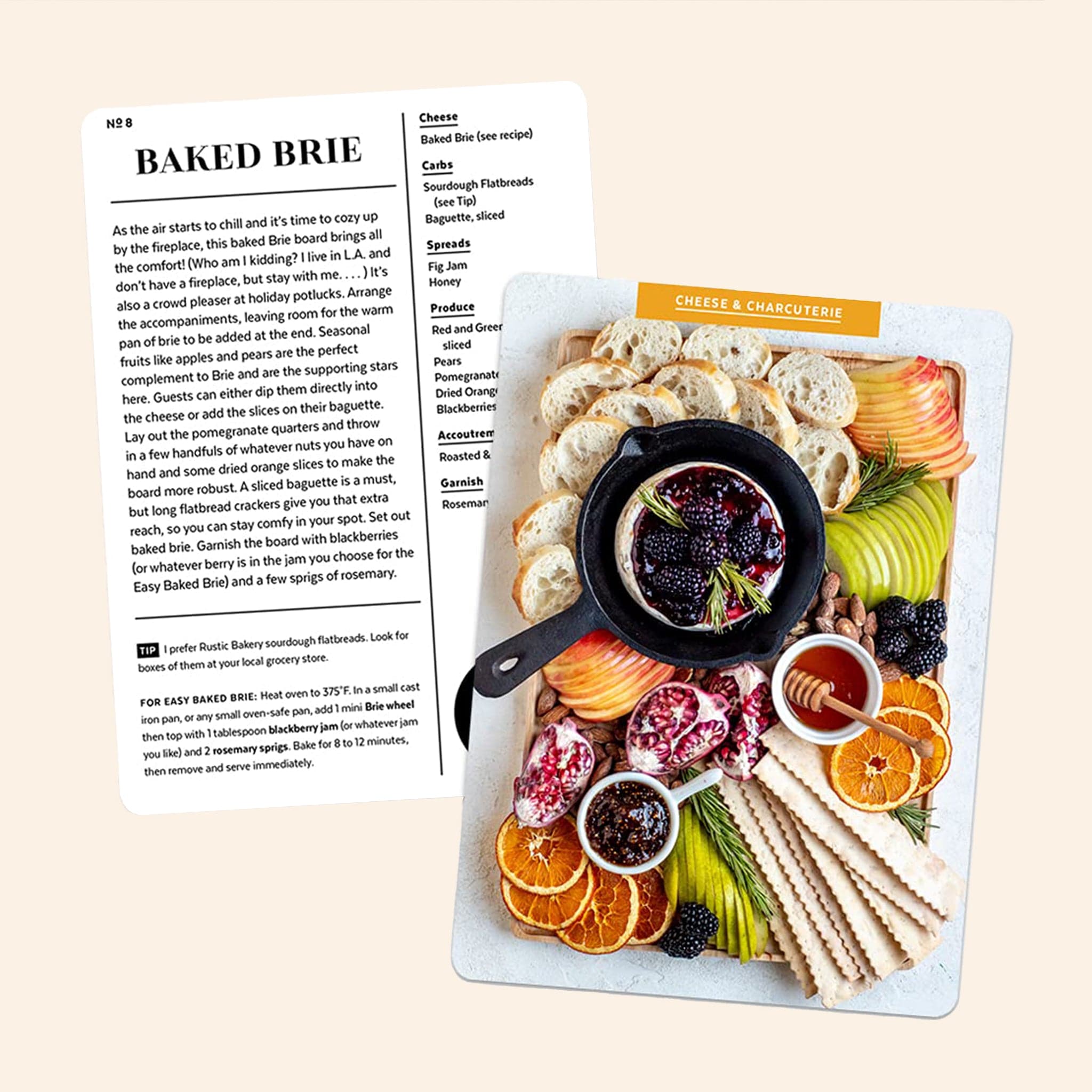 The individual cards inside that each have a different photo of a cheese board and the back has the instructions and ingredients to create it.