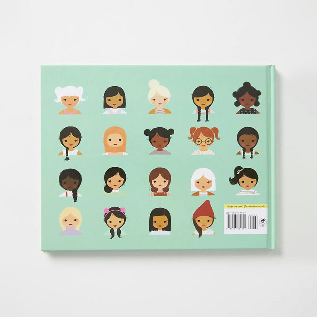 On a white background is a teal children&#39;s book cover with illustrations of all different races and ethnicities of girls along with a yellow title in the center that reads, &quot;G My Name Is Girl&quot;.