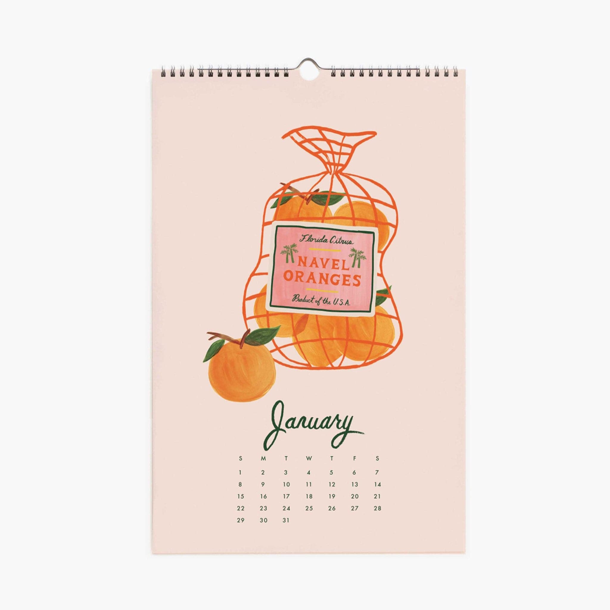 A peek inside the calendar. There is an illustration of a bag of oranges with the month listed out on the lower half of the page.