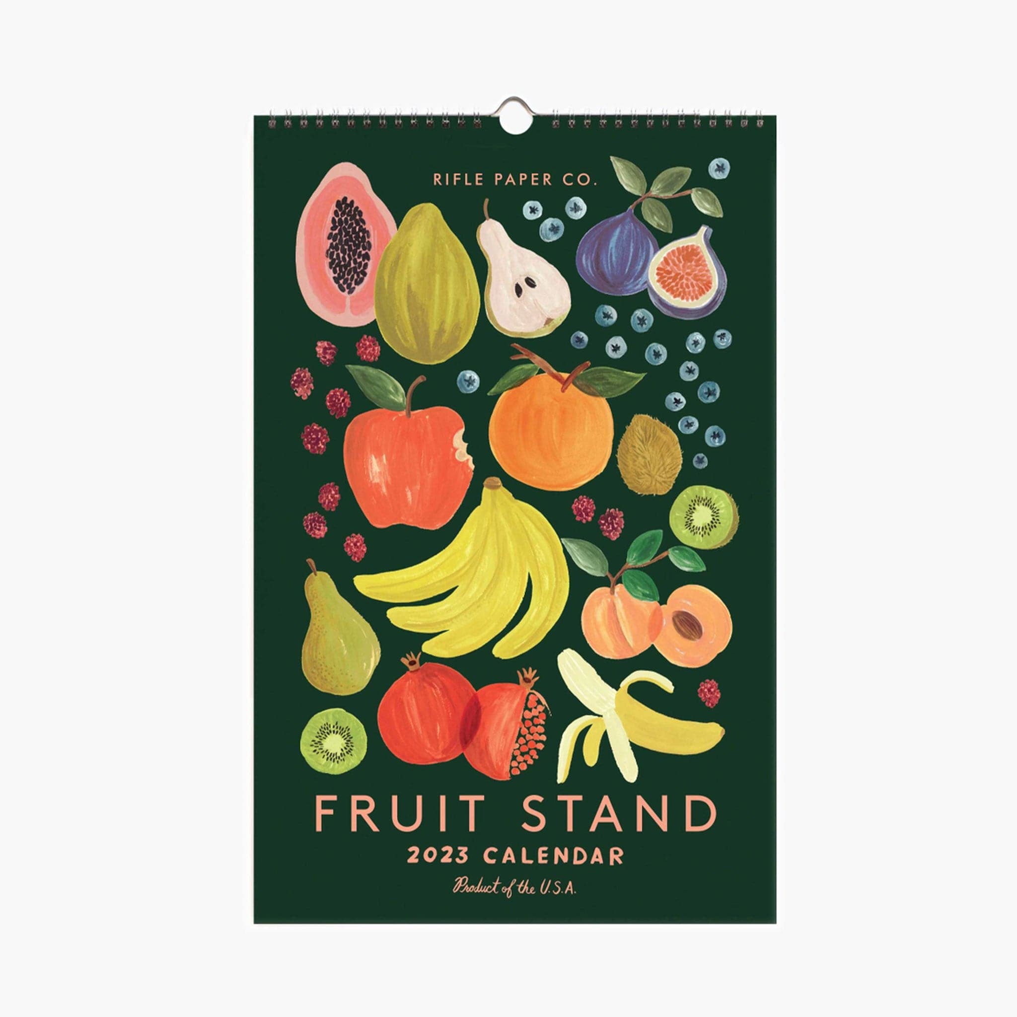 A black spiral bound calendar with an assortment of fruit on the front cover and reads, &quot;Fruit Stand, 2023 Calendar&quot;.