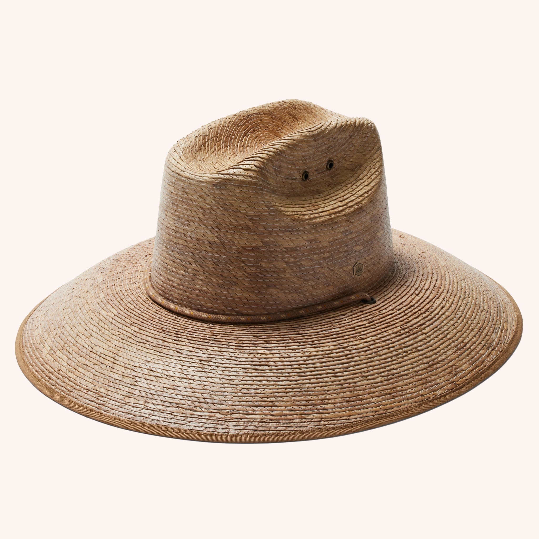 A darker brown straw sun hat with a wide curved brim and a drawstring.