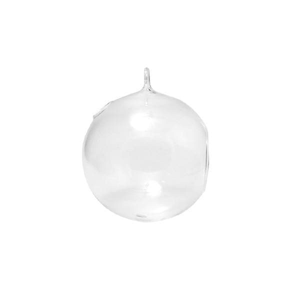 On a white background is the side view of the hanging glass orb with a hole in the front for planting access and a small glass loop at the top for hanging.