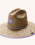 A woven straw sun set with a wide brim, a light purple drawstring and purple detailing underneath the brim of the hat as well as on the center label.