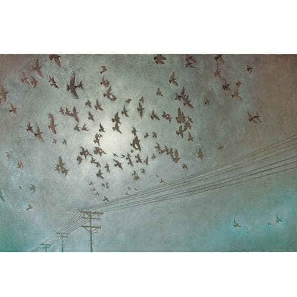 Original painting of silhouetted telephone pole, with flock of grey birds flying, and grey and blue wash background.
