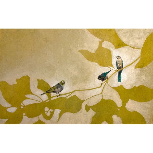 Original silhouetted gold leaves and branches, with three realistic blue and yellow birds sitting on the branches, and pale gold-white wash backdrop.