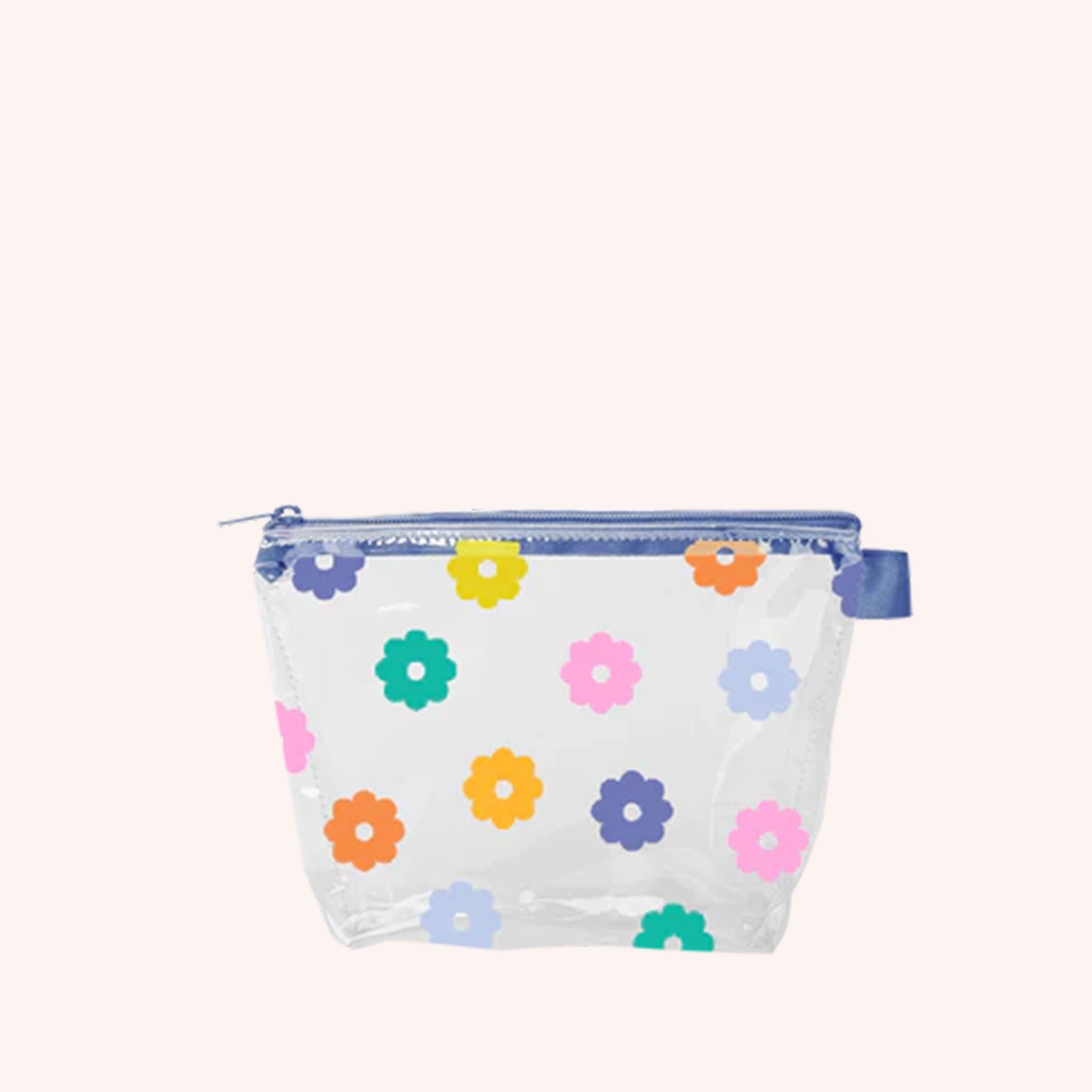 A clear bag with multicolored daisies and a single zipper going across the top.