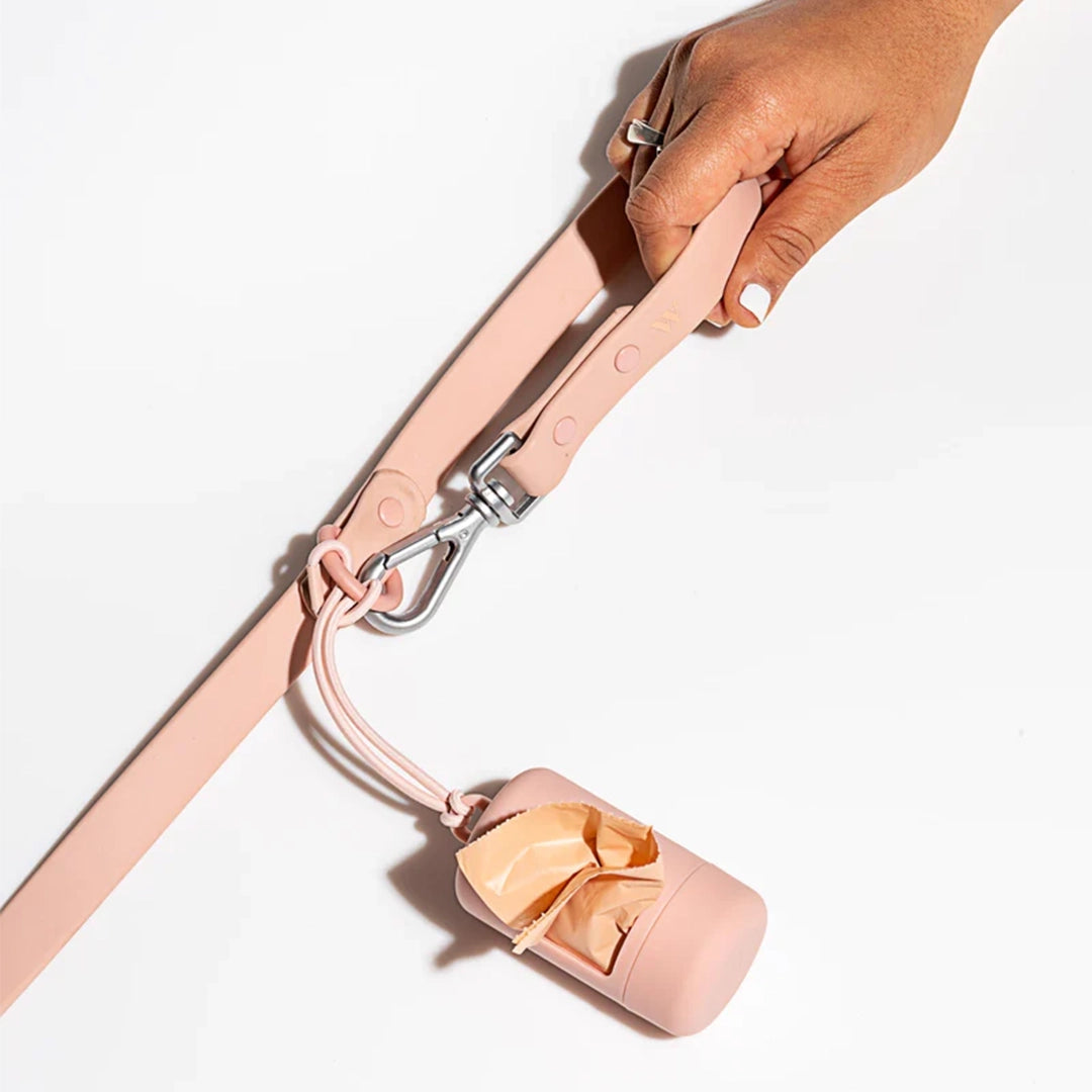 A blush pink leash with silver detailing and a loop on the end for easy attachments and holding onto.